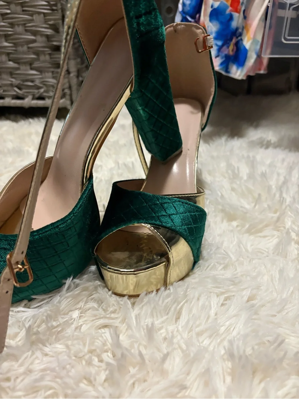 Emerald Green Velvet & Gold Platform Heels - Women